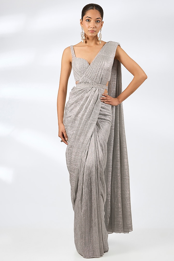 Silver Lurex Embroidered Pre-Draped Wedding Saree Set by Seema Gujral at Pernia's Pop Up Shop