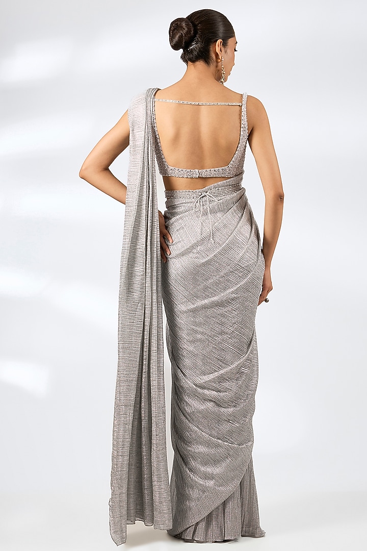 Silver Lurex Embroidered Pre-Draped Wedding Saree Set by Seema Gujral at Pernia's Pop Up Shop