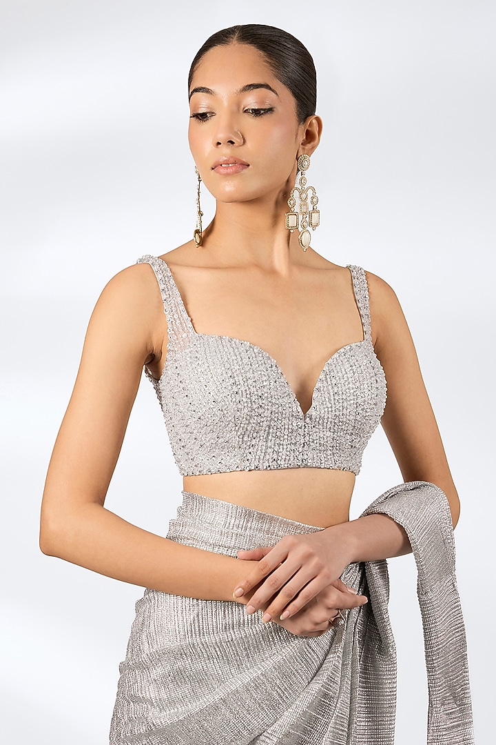 Silver Lurex Embroidered Pre-Draped Wedding Saree Set by Seema Gujral at Pernia's Pop Up Shop