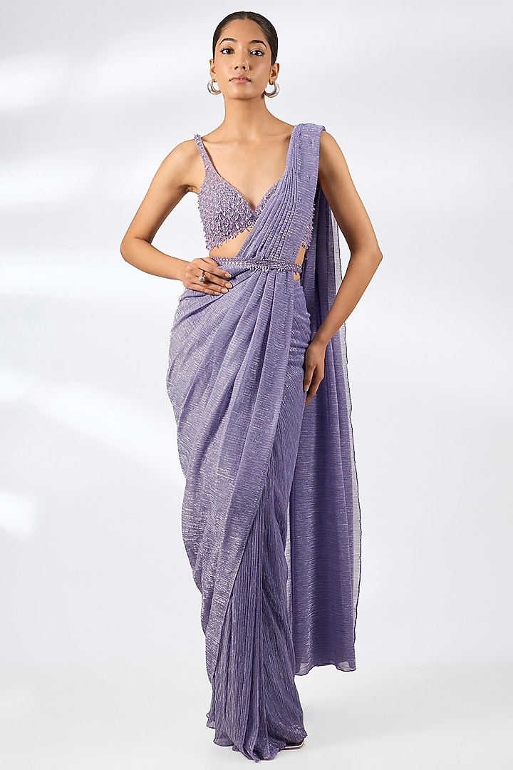 Lavender Lurex Embroidered Pre-Draped Wedding Saree Set by Seema Gujral at Pernia's Pop Up Shop