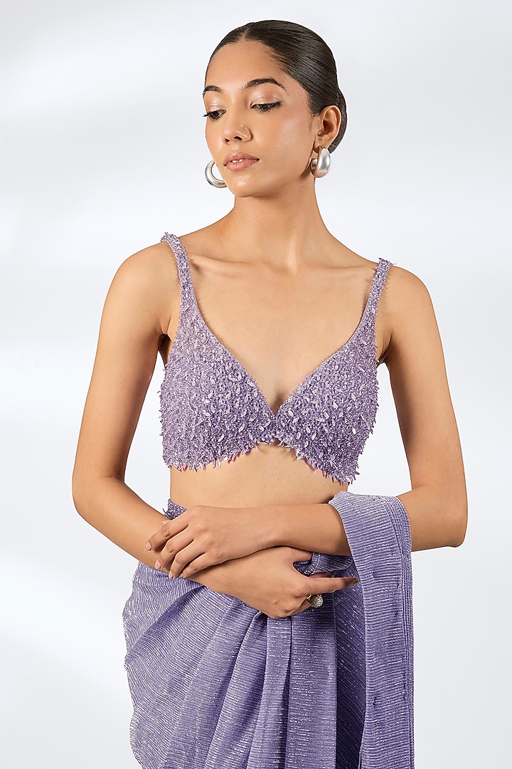 Lavender Lurex Embroidered Pre-Draped Wedding Saree Set by Seema Gujral at Pernia's Pop Up Shop