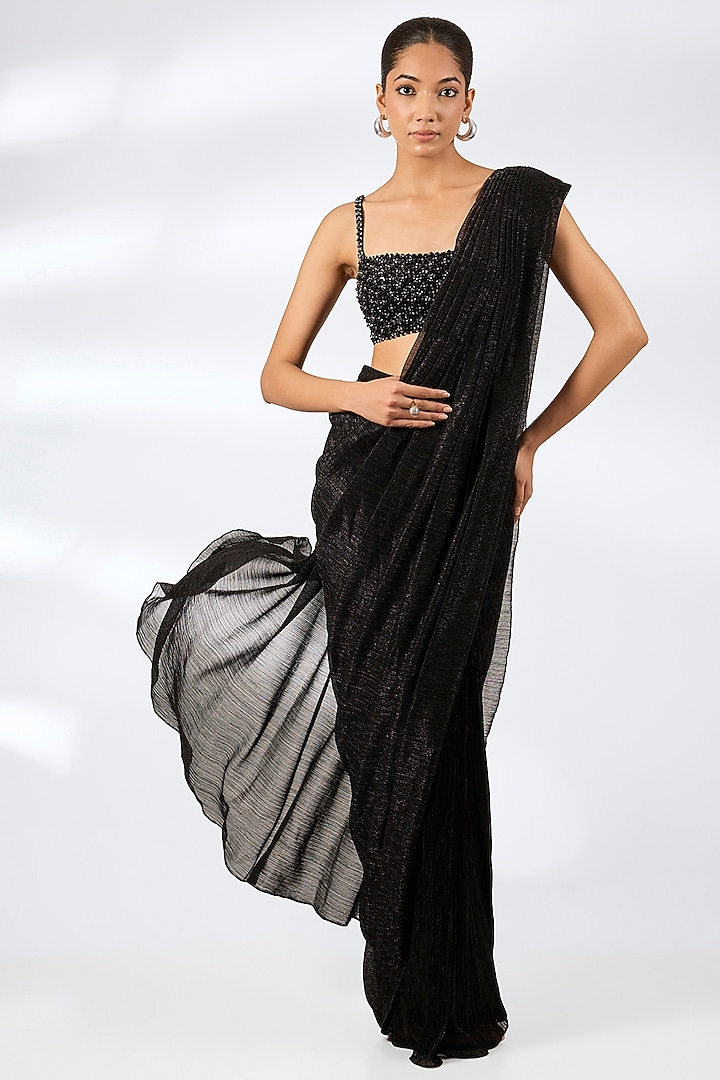 Black Lurex Embroidered Pre-Draped Wedding Saree Set by Seema Gujral at Pernia's Pop Up Shop