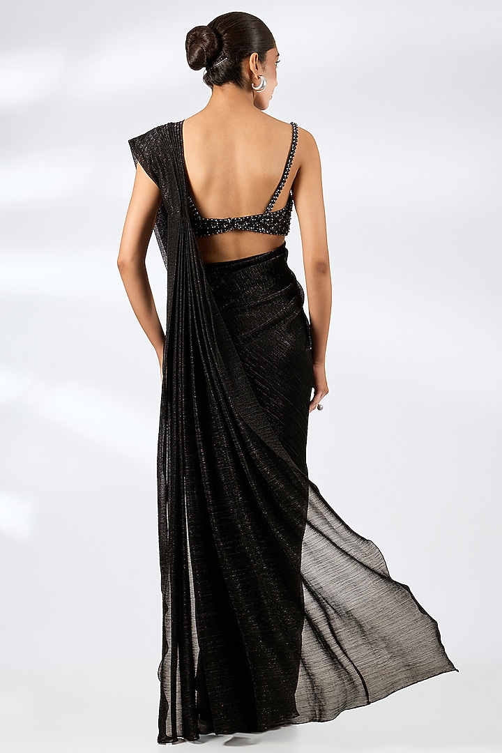 Black Lurex Embroidered Pre-Draped Wedding Saree Set by Seema Gujral at Pernia's Pop Up Shop