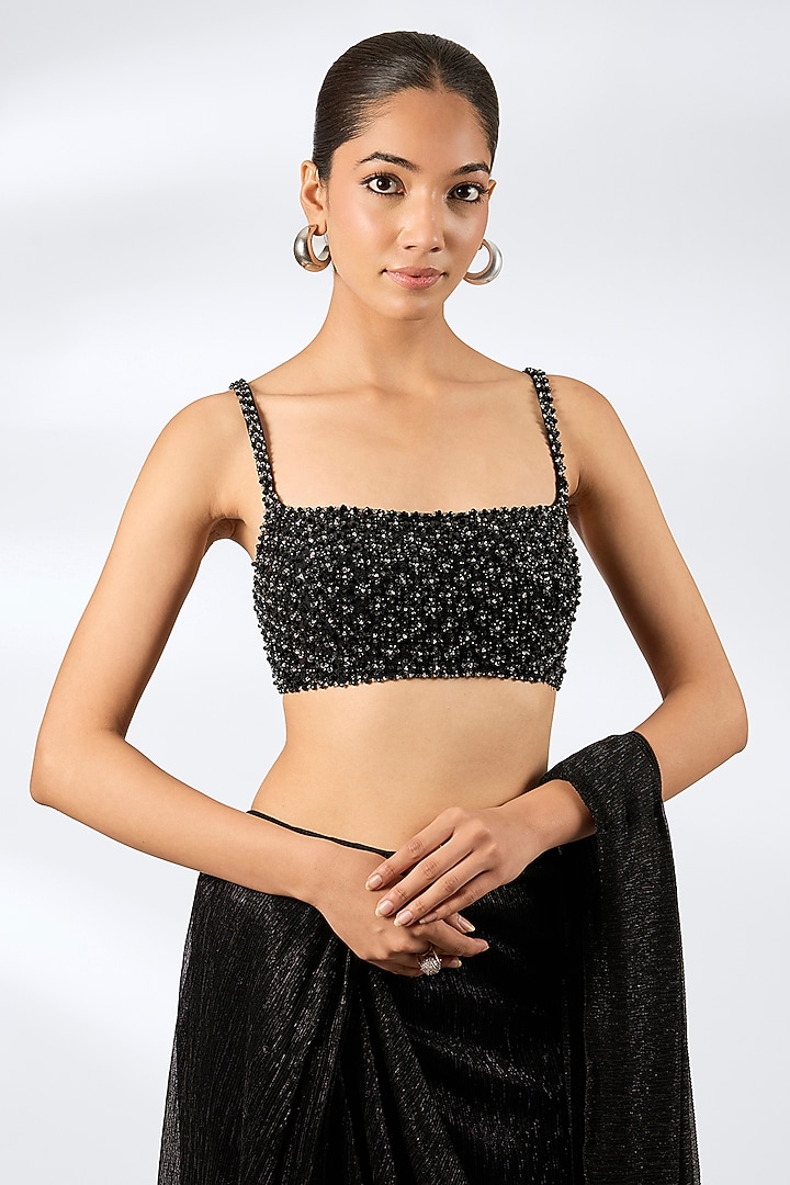 Black Lurex Embroidered Pre-Draped Wedding Saree Set by Seema Gujral at Pernia's Pop Up Shop