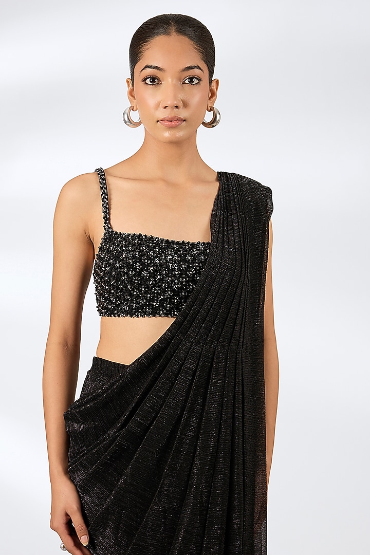Black Lurex Embroidered Pre-Draped Wedding Saree Set by Seema Gujral at Pernia's Pop Up Shop