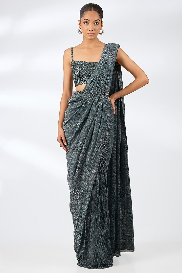 Dark Green Lurex Embroidered Pre-Draped Wedding Saree Set by Seema Gujral at Pernia's Pop Up Shop