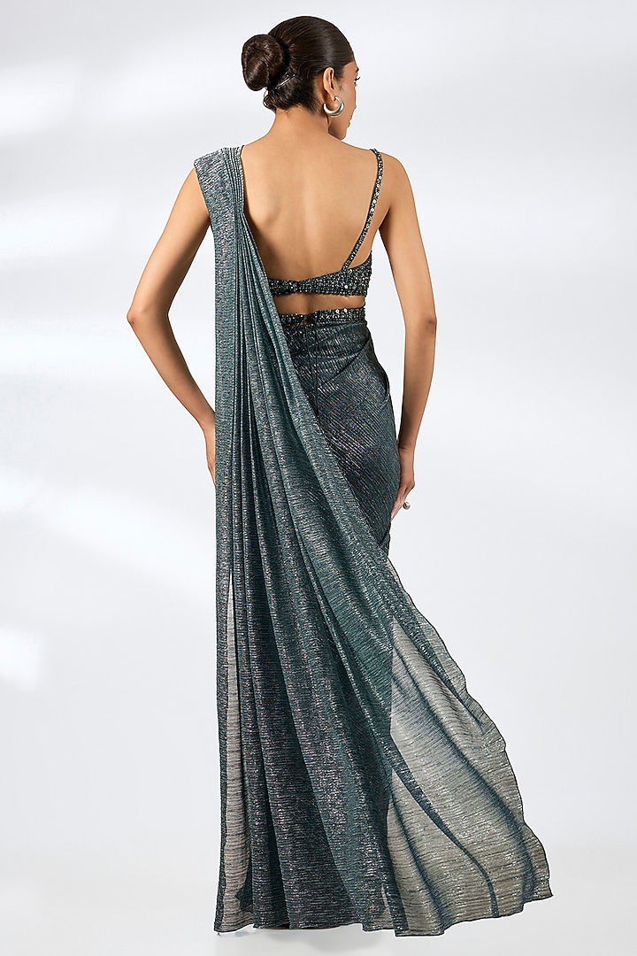 Dark Green Lurex Embroidered Pre-Draped Wedding Saree Set by Seema Gujral at Pernia's Pop Up Shop