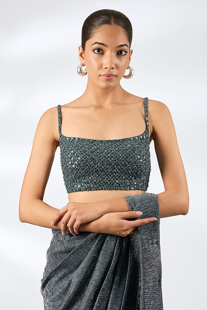 Dark Green Lurex Embroidered Pre-Draped Wedding Saree Set by Seema Gujral at Pernia's Pop Up Shop