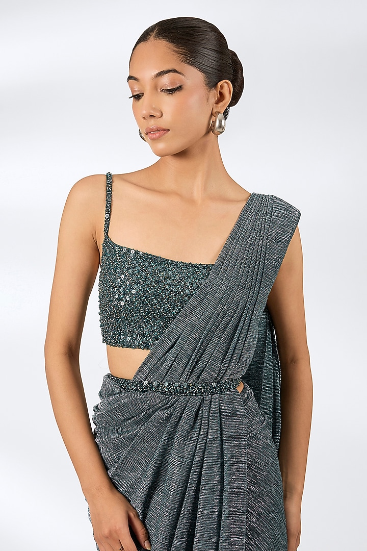 Dark Green Lurex Embroidered Pre-Draped Wedding Saree Set by Seema Gujral at Pernia's Pop Up Shop