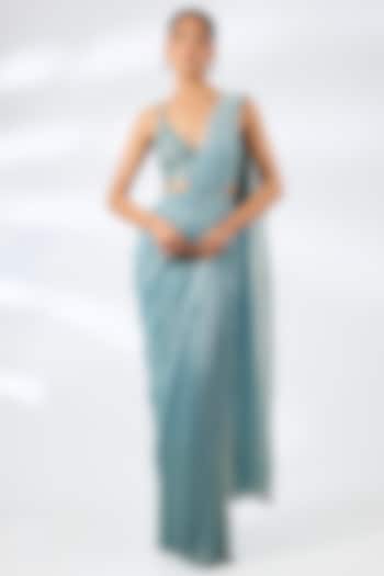 Sea Green Lurex Embroidered Pre-Draped Wedding Saree Set by Seema Gujral at Pernia's Pop Up Shop