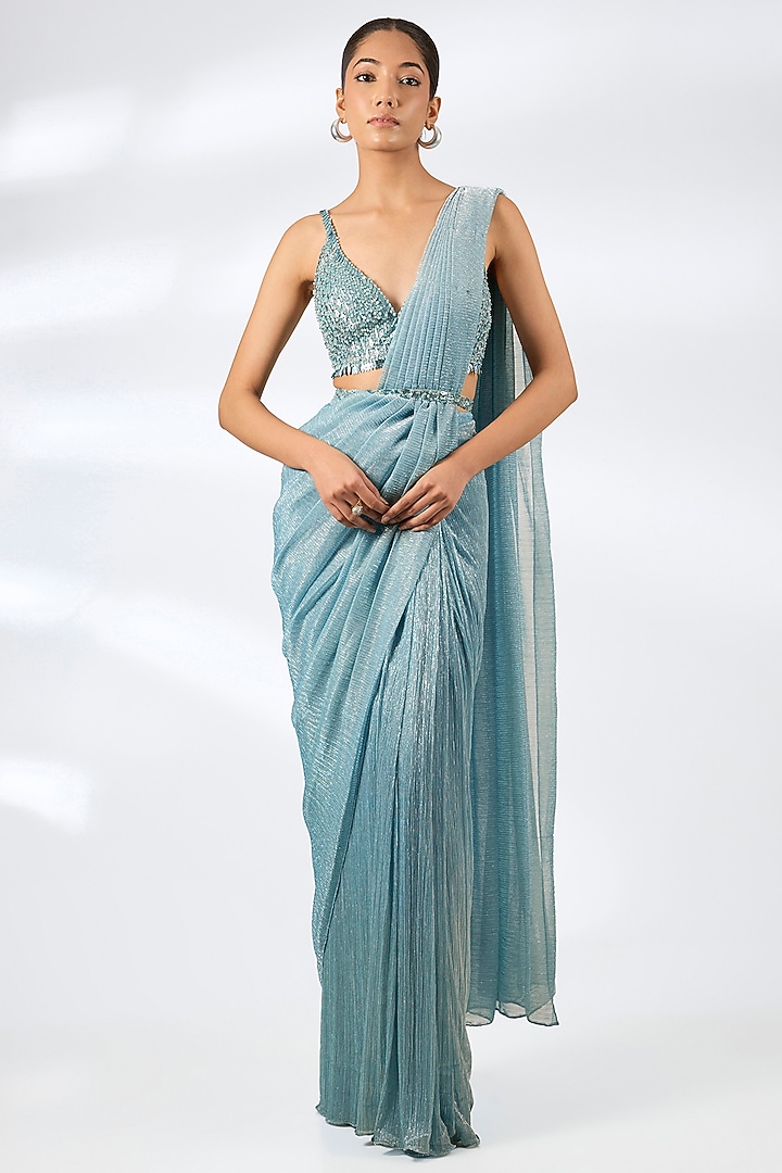 Sea Green Lurex Embroidered Pre-Draped Wedding Saree Set by Seema Gujral at Pernia's Pop Up Shop