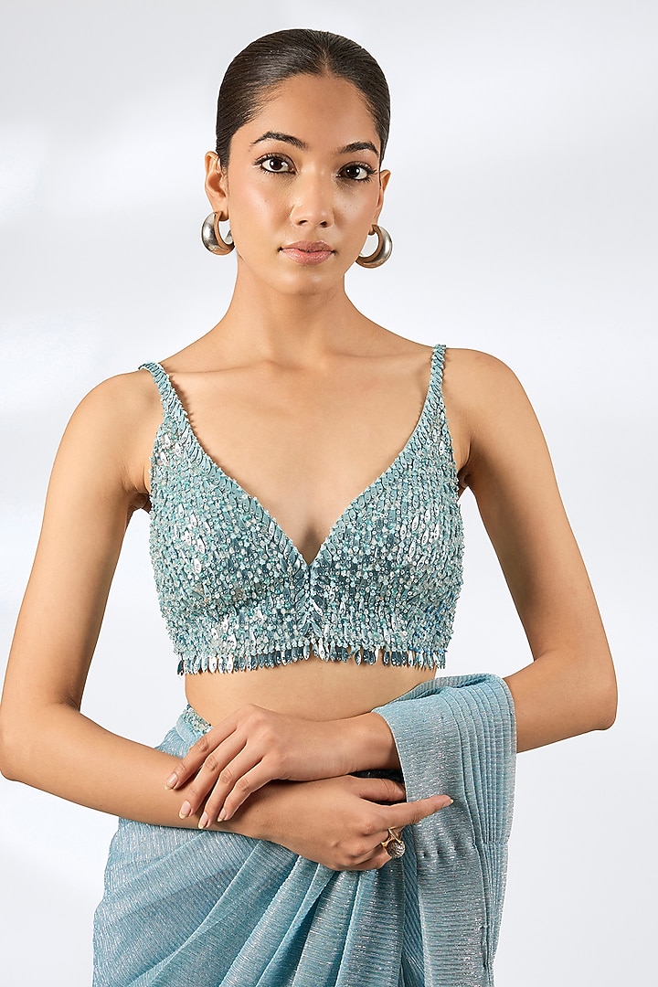 Sea Green Lurex Embroidered Pre-Draped Wedding Saree Set by Seema Gujral at Pernia's Pop Up Shop