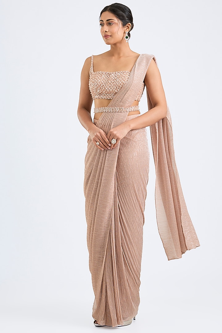 Peach Lurex Pre-Draped Wedding Saree Set by Seema Gujral at Pernia's Pop Up Shop