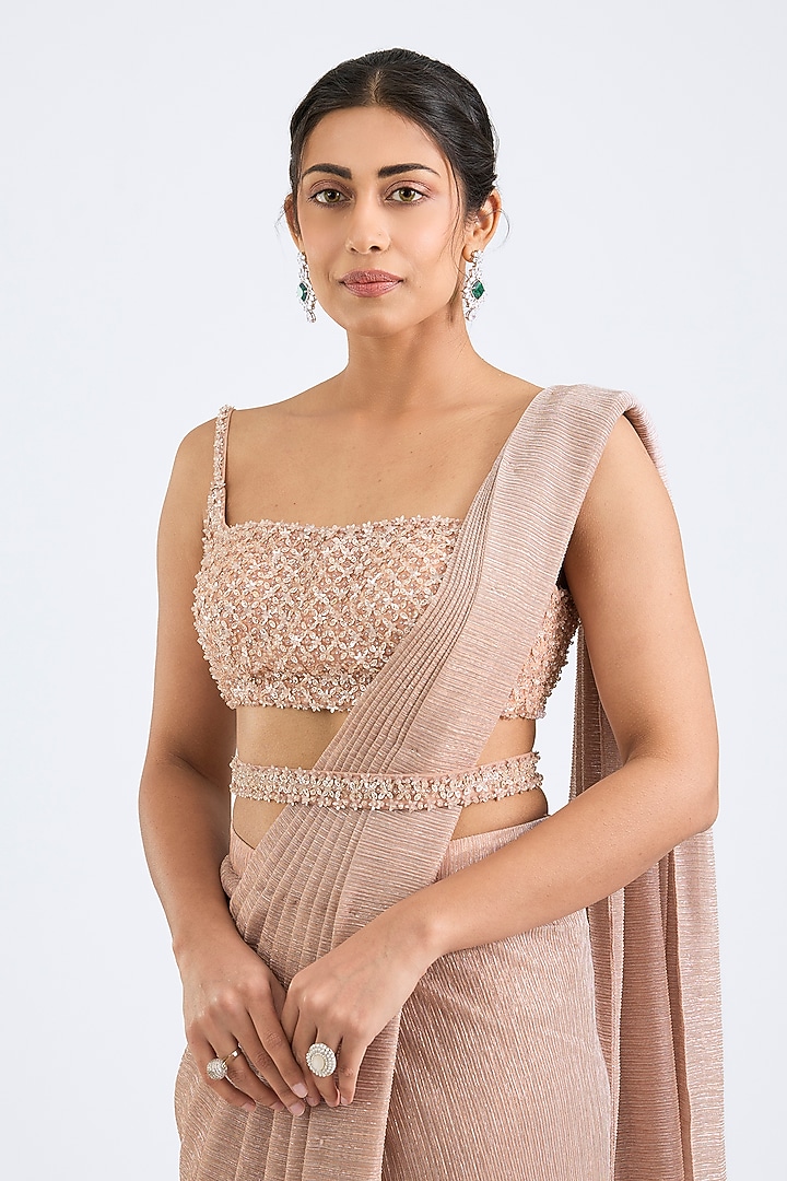 Peach Lurex Pre-Draped Wedding Saree Set by Seema Gujral at Pernia's Pop Up Shop