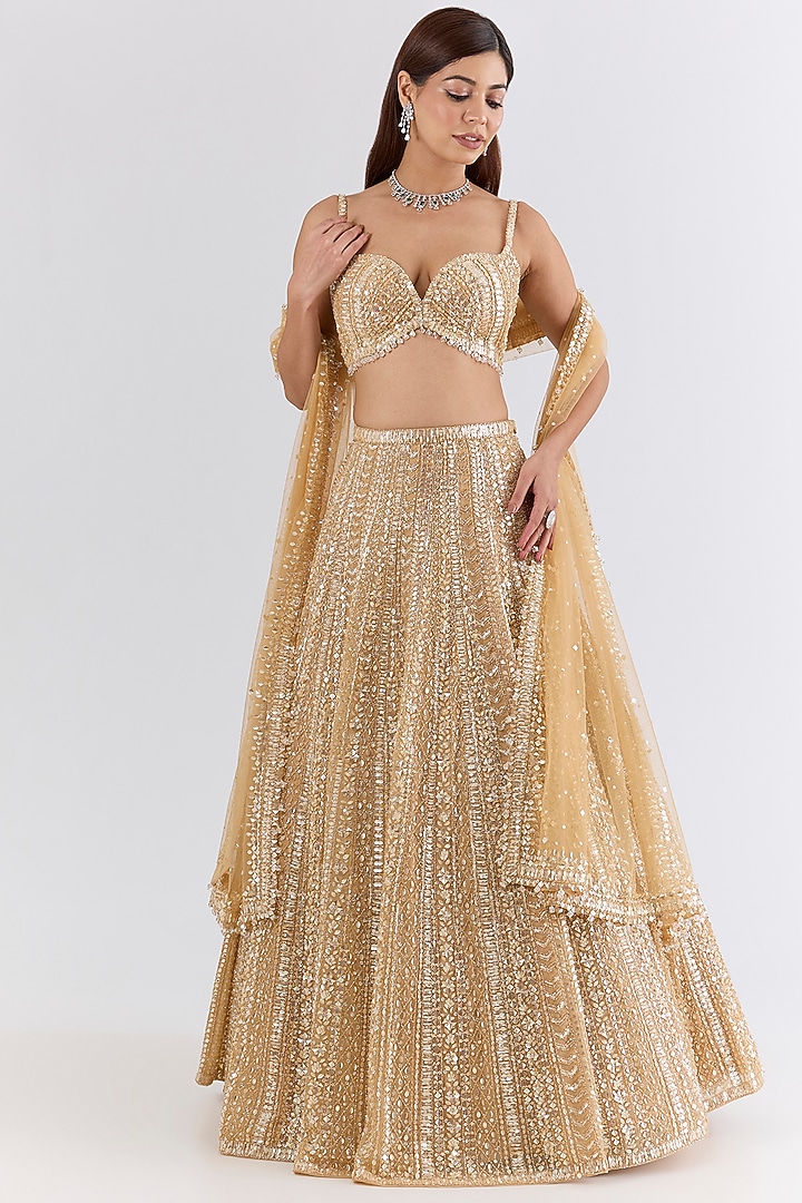 Gold Net Sequin Embroidered Bridal Lehenga Set by Seema Gujral at Pernia's Pop Up Shop
