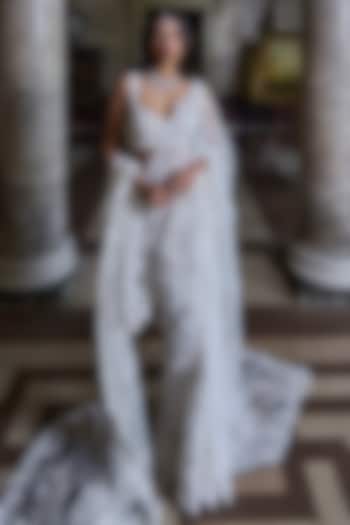 Ivory Net Sequins & Beads Embroidered Bridal Saree Set by Seema Gujral at Pernia's Pop Up Shop