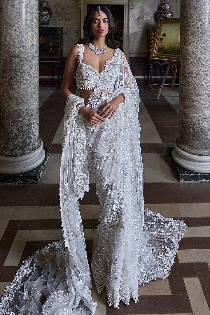 Ivory Net Sequins & Beads Embroidered Bridal Saree Set by Seema Gujral at Pernia's Pop Up Shop