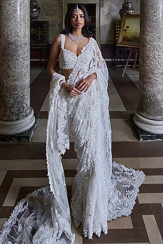 Ivory Net Sequins & Beads Embroidered Saree Set by Seema Gujral