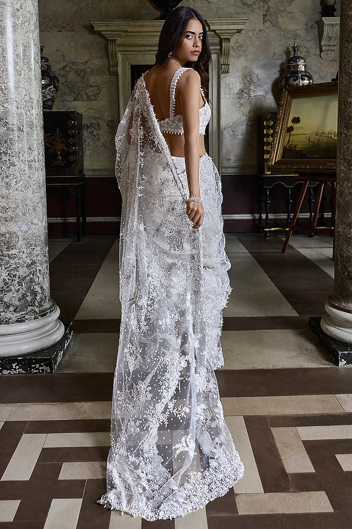 Ivory Net Sequins & Beads Embroidered Bridal Saree Set by Seema Gujral at Pernia's Pop Up Shop