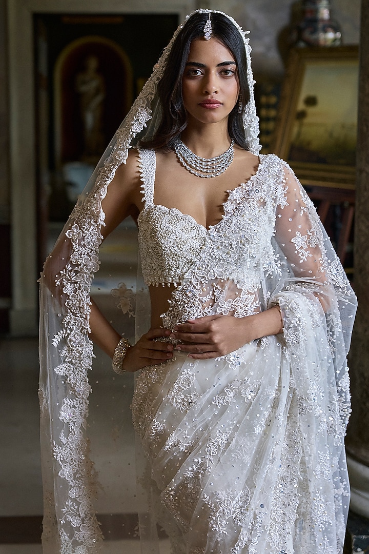 Ivory Net Sequins & Beads Embroidered Bridal Saree Set by Seema Gujral at Pernia's Pop Up Shop