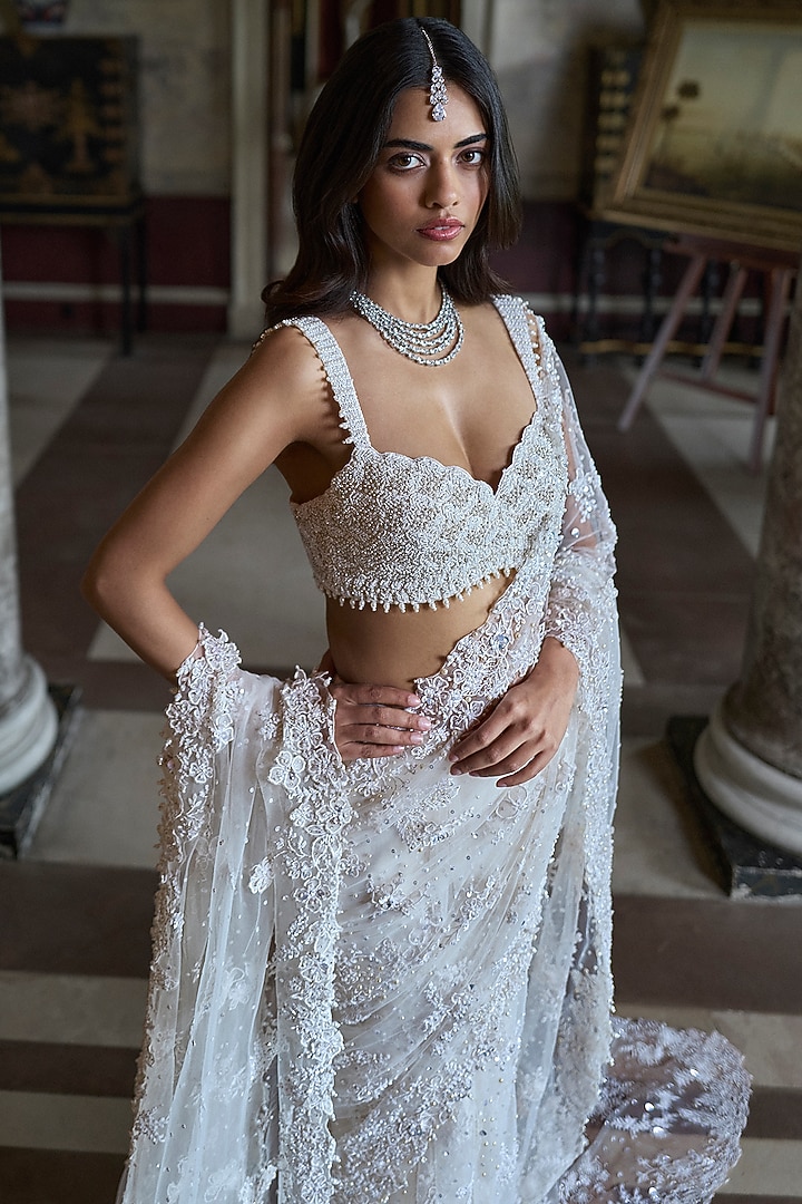 Ivory Net Sequins & Beads Embroidered Bridal Saree Set by Seema Gujral at Pernia's Pop Up Shop