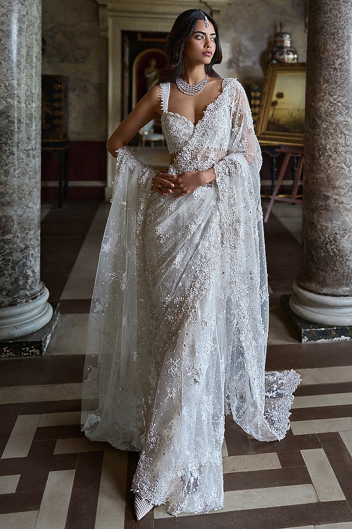 Ivory Net Sequins & Beads Embroidered Bridal Saree Set by Seema Gujral at Pernia's Pop Up Shop