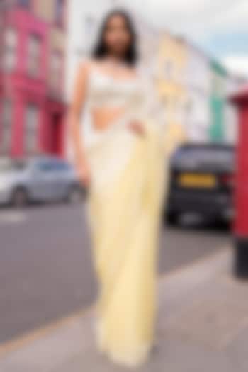 Lemon Yellow Ombre Georgette Mirror Embellished Reception Saree Set by Seema Gujral at Pernia's Pop Up Shop