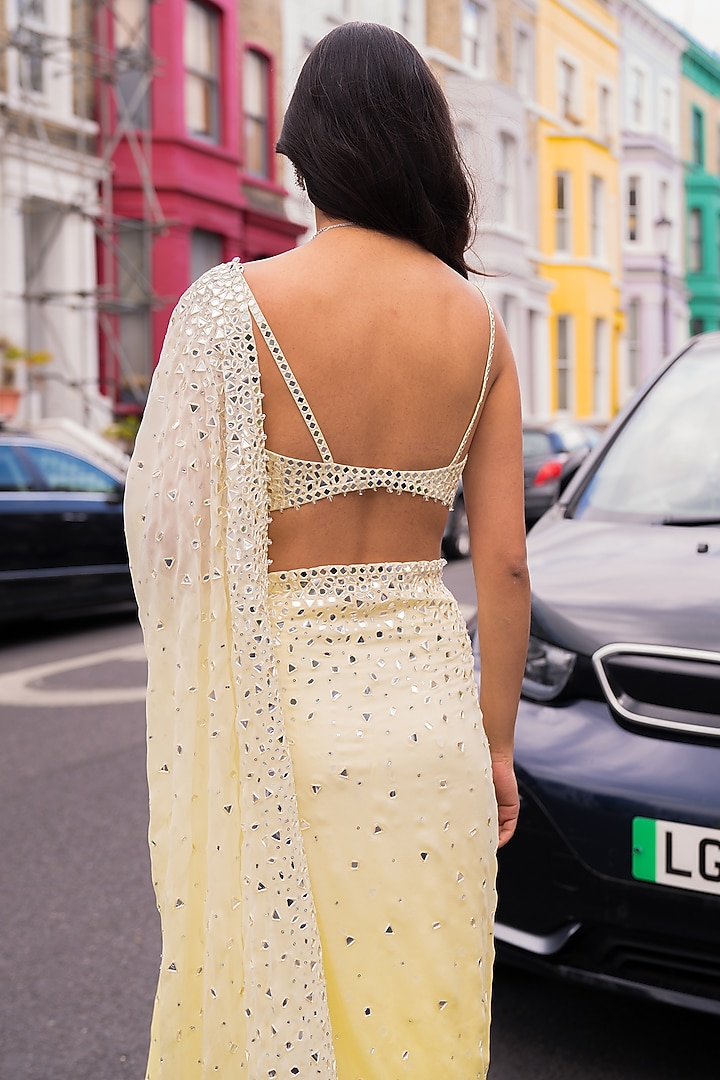 Lemon Yellow Ombre Georgette Mirror Embellished Reception Saree Set by Seema Gujral at Pernia's Pop Up Shop