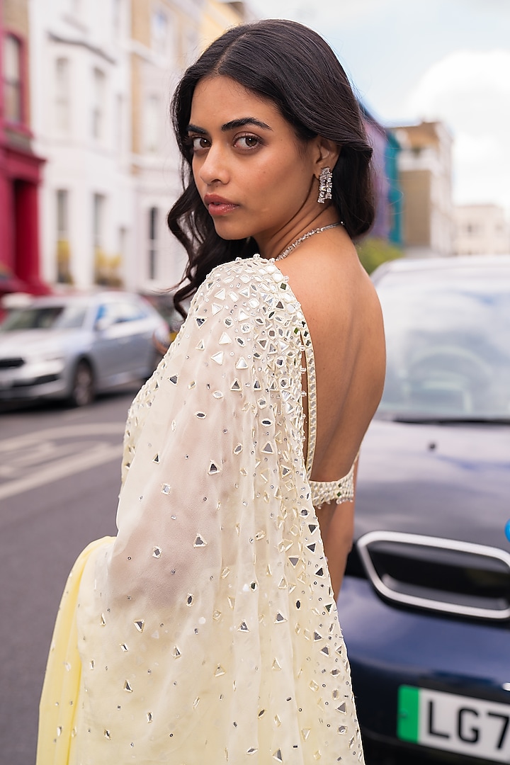 Lemon Yellow Ombre Georgette Mirror Embellished Reception Saree Set by Seema Gujral at Pernia's Pop Up Shop