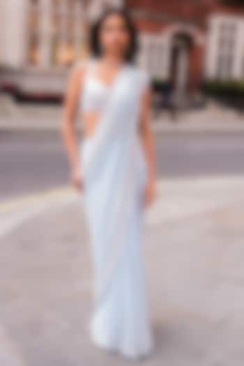 Powder Blue Ombre Georgette Pearl Embellished Bridal Saree Set by Seema Gujral at Pernia's Pop Up Shop