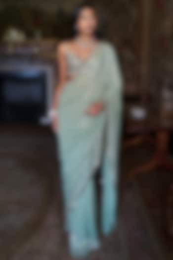 Moss Green Georgette Sequins Embroidered Bridal Saree Set by Seema Gujral at Pernia's Pop Up Shop