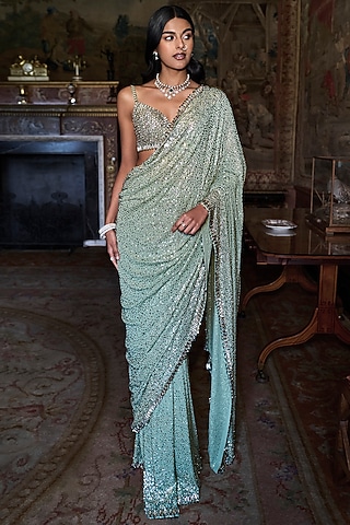 Moss Green Georgette Sequins Embroidered Saree Set by Seema Gujral