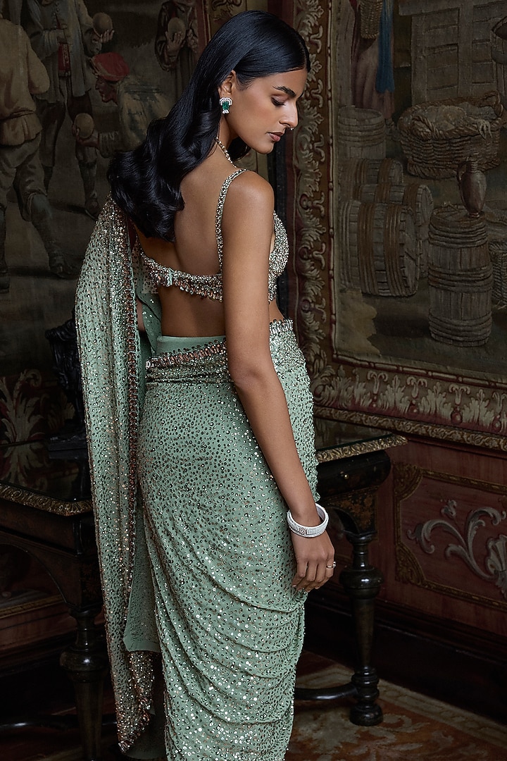 Moss Green Georgette Sequins Embroidered Bridal Saree Set by Seema Gujral at Pernia's Pop Up Shop