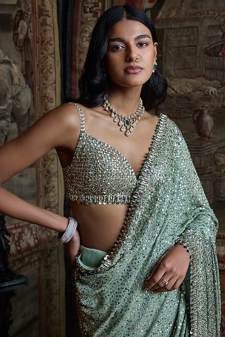 Moss Green Georgette Sequins Embroidered Bridal Saree Set by Seema Gujral at Pernia's Pop Up Shop