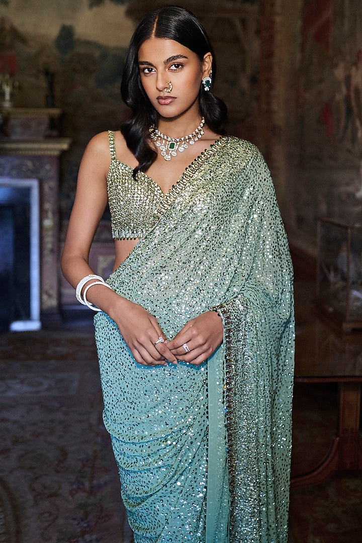 Moss Green Georgette Sequins Embroidered Bridal Saree Set by Seema Gujral at Pernia's Pop Up Shop