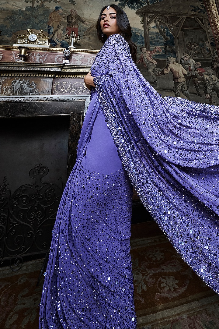 Mauve Georgette Sequins Embroidered Bridal Saree Set by Seema Gujral at Pernia's Pop Up Shop