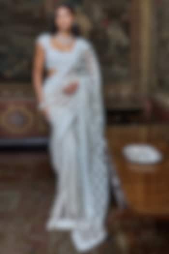 Ivory Net Sequins Embroidered Bridal Saree Set by Seema Gujral at Pernia's Pop Up Shop