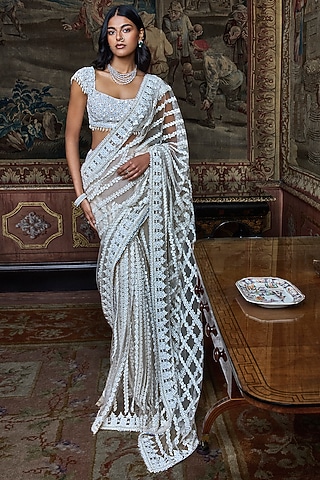 Ivory Net Sequins Embroidered Saree Set by Seema Gujral