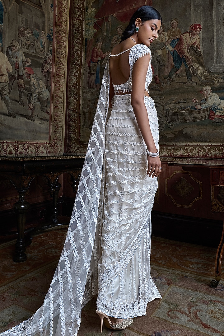 Ivory Net Sequins Embroidered Bridal Saree Set by Seema Gujral at Pernia's Pop Up Shop