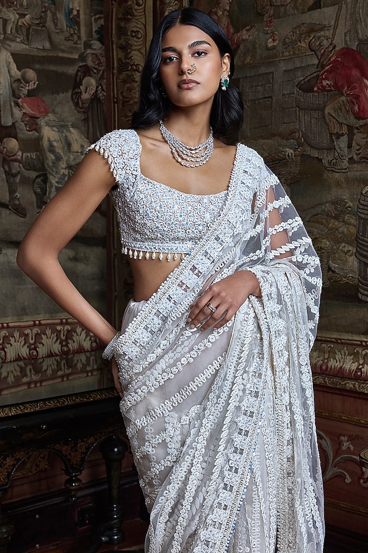 Ivory Net Sequins Embroidered Bridal Saree Set by Seema Gujral at Pernia's Pop Up Shop