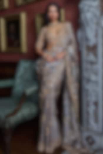 Gun Metal Tissue Organza Crystal Embellished Bridal Saree Set by Seema Gujral at Pernia's Pop Up Shop