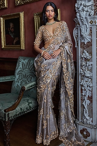 Gun Metal Tissue Organza Crystal Embellished Saree Set by Seema Gujral
