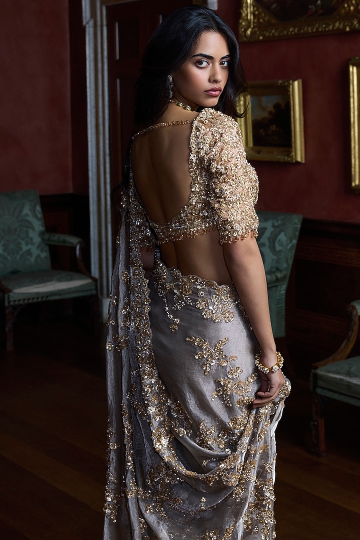 Gun Metal Tissue Organza Crystal Embellished Bridal Saree Set by Seema Gujral at Pernia's Pop Up Shop