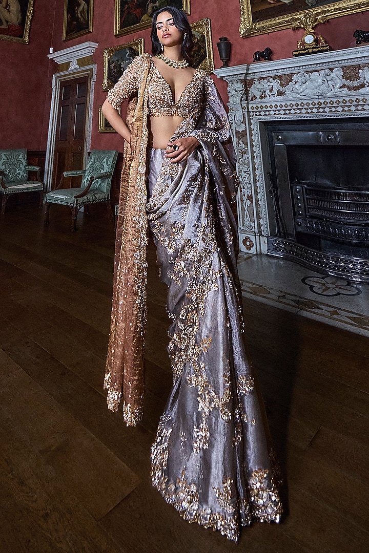Gun Metal Tissue Organza Crystal Embellished Bridal Saree Set by Seema Gujral at Pernia's Pop Up Shop