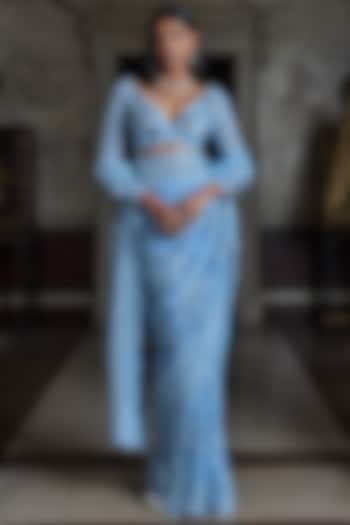 Powder Blue Net Sequins Embroidered Bridal Saree Set by Seema Gujral at Pernia's Pop Up Shop