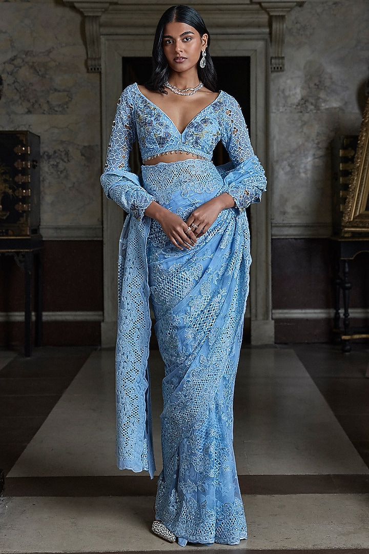 Powder Blue Net Sequins Embroidered Bridal Saree Set by Seema Gujral at Pernia's Pop Up Shop