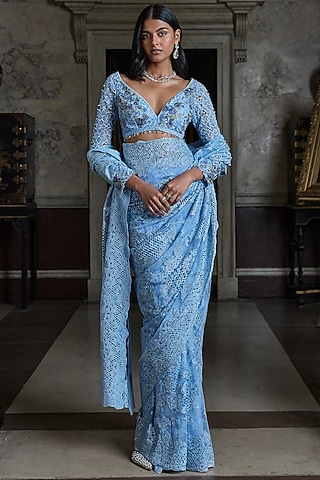 Powder Blue Net Sequins Embroidered Saree Set by Seema Gujral