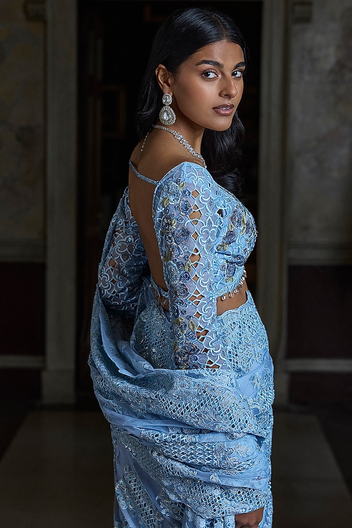 Powder Blue Net Sequins Embroidered Bridal Saree Set by Seema Gujral at Pernia's Pop Up Shop