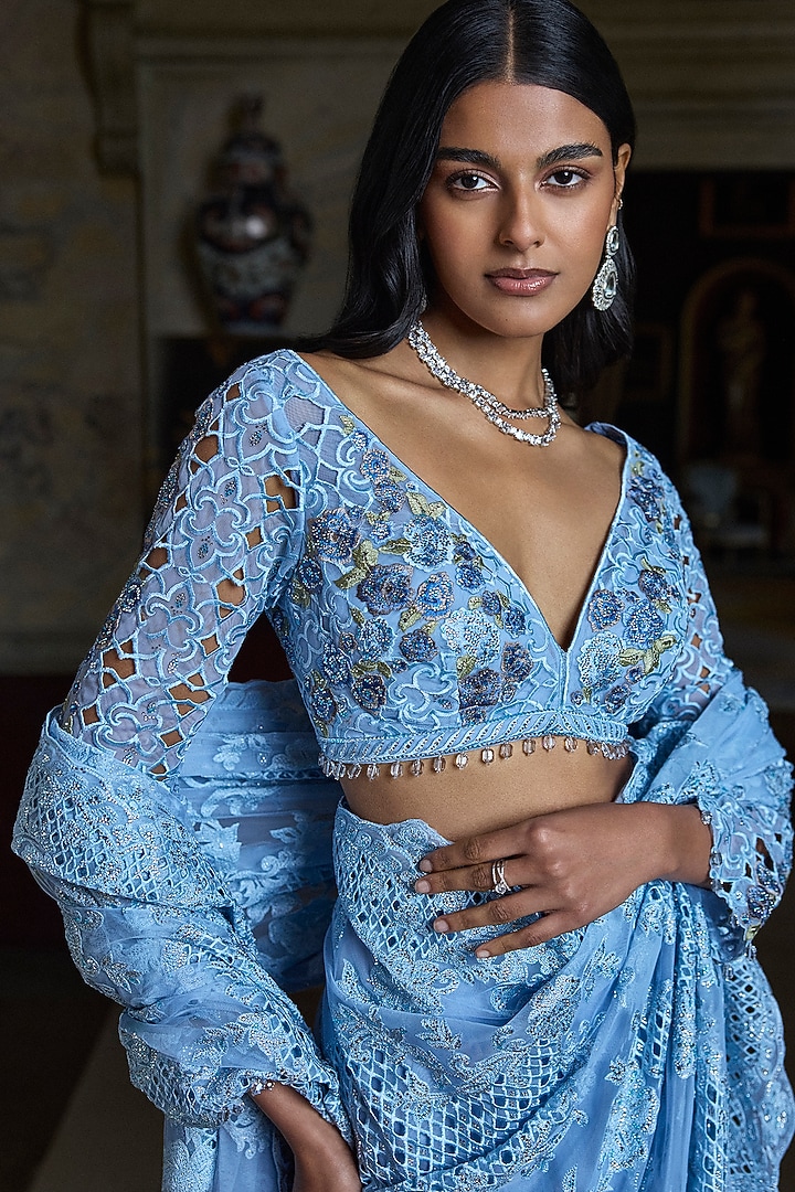 Powder Blue Net Sequins Embroidered Bridal Saree Set by Seema Gujral at Pernia's Pop Up Shop