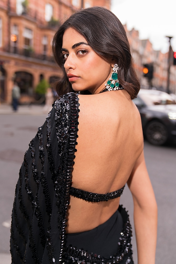 Black Georgette Sequin & Crystal Embellished Reception Saree Set by Seema Gujral at Pernia's Pop Up Shop